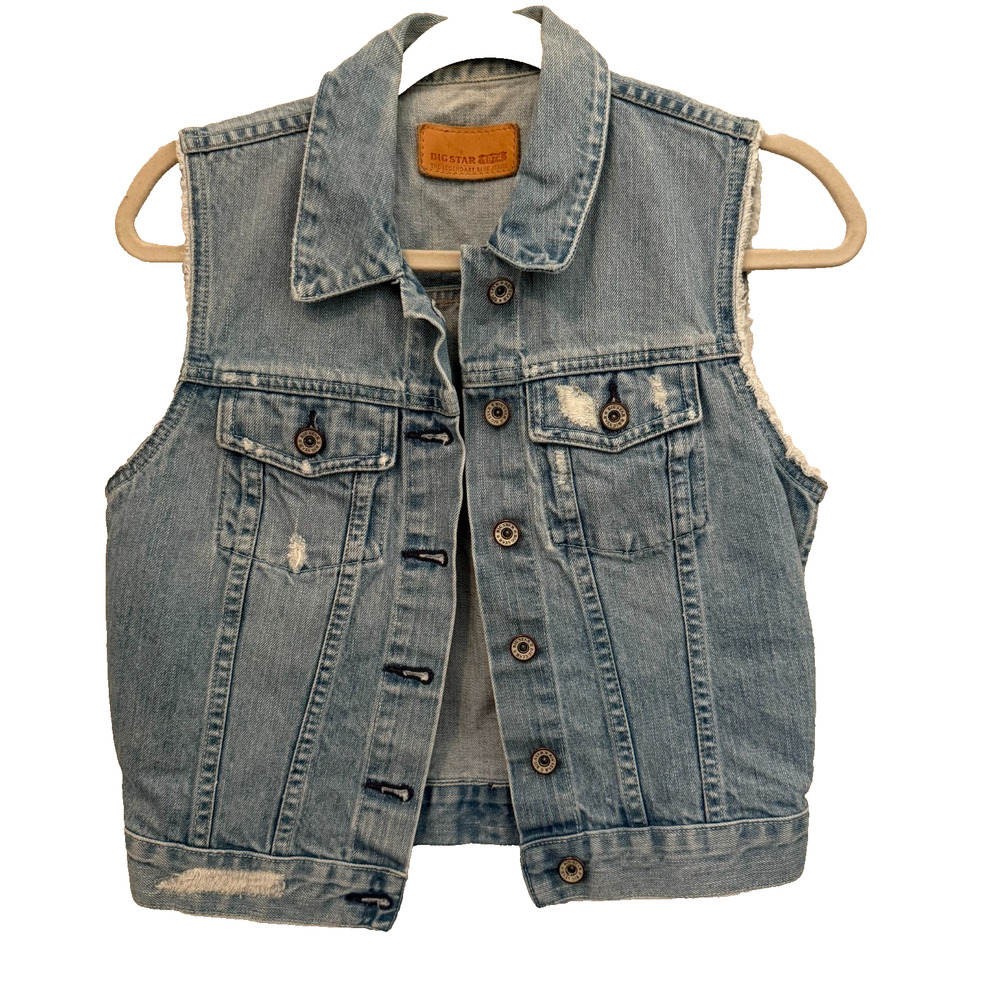 Big Star 1974 Women’s Distressed Denim Jean Vest Sleeveless Blue Size S
